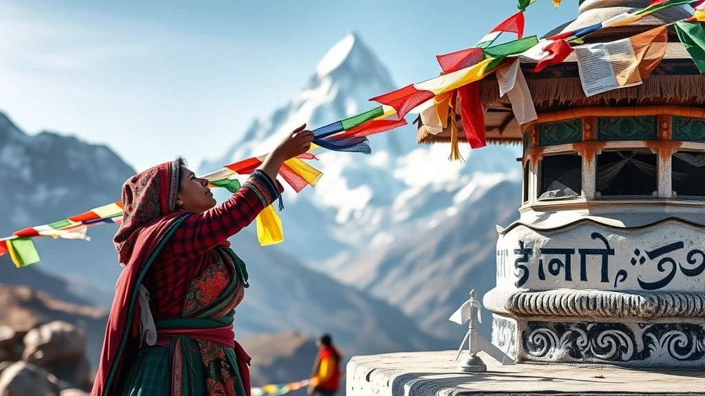 Sherpa woman arranging prayer flags at a stupa with Ama Dablam peak in background in Nepal.