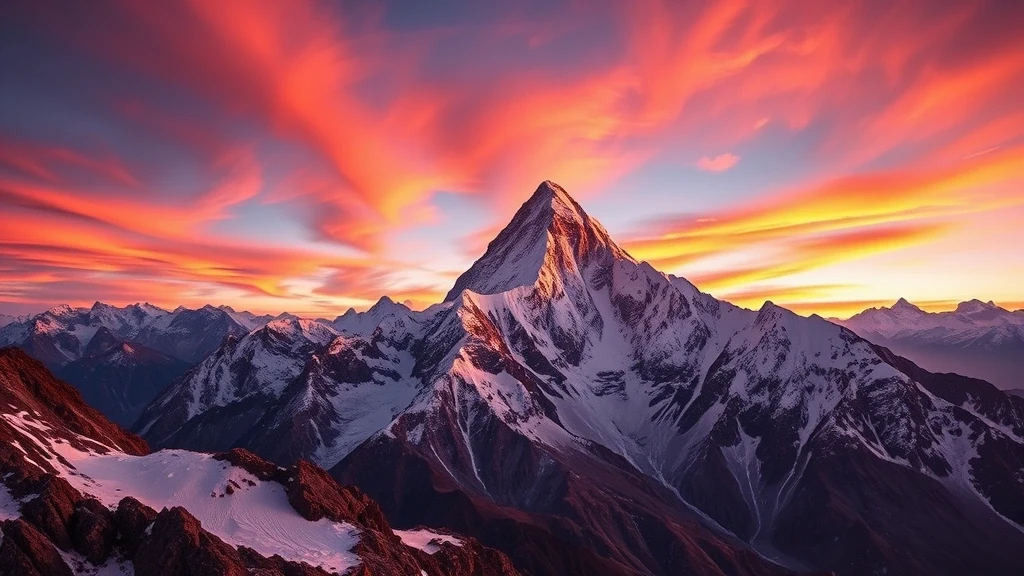 Dramatic sunset over the Himalayan peaks of Ama Dablam in Nepal with fiery sky reflections.
