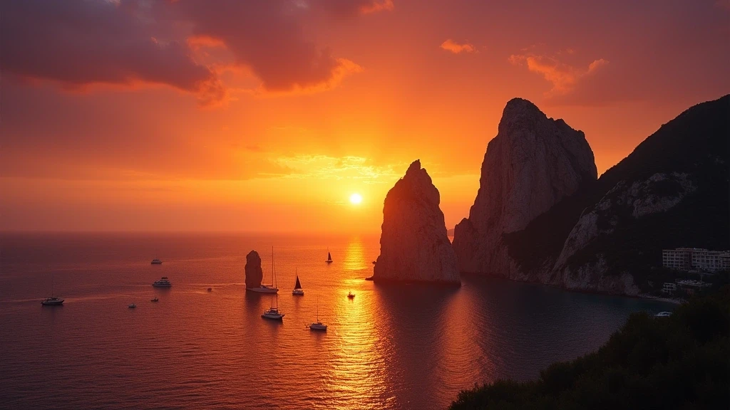 Sonnenuntergang ueber den Faraglioni-Felsen an der Amalfiküste mit Segelbooten