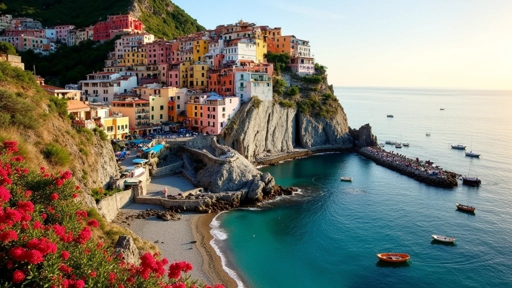 Panoramablick auf Positano mit pastellfarbenen Haeusern an der Amalfiküste