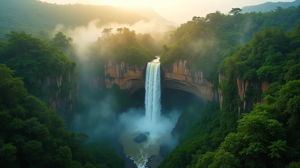 Luftaufnahme des Gocta-Wasserfalls in Amazonas, Peru zur goldenen Stunde