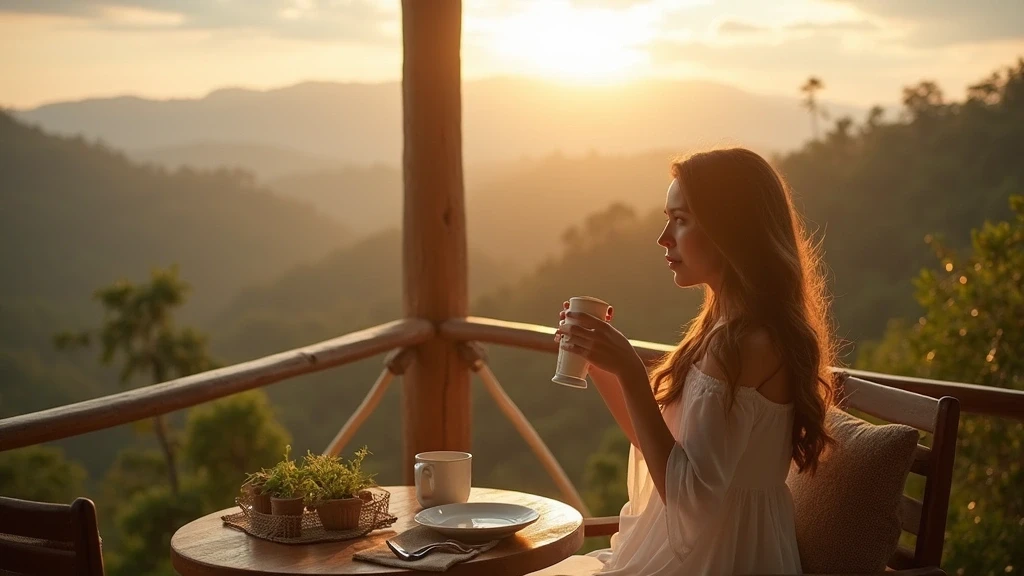 Elegante Reisende geniesst Kaffee mit Blick auf den Nebelwald in Amazonas, Peru