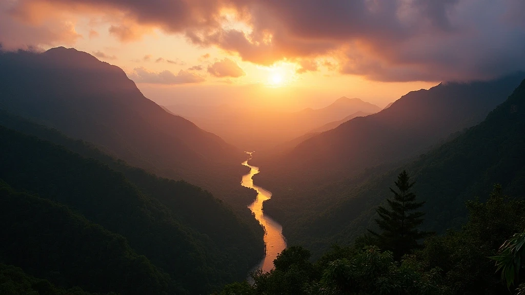 Sonnenuntergang ueber dem Utcubamba-Flusstal in Amazonas, Peru