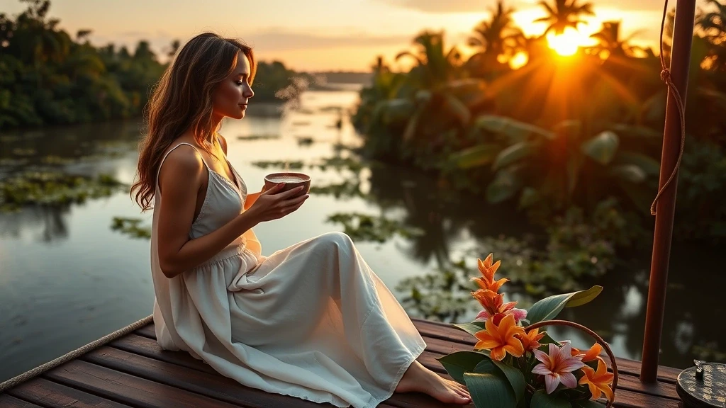 Elegante Frau geniesst Acai-Fruehstueck am Amazonas-Fluss im Regenwald, Brasilien