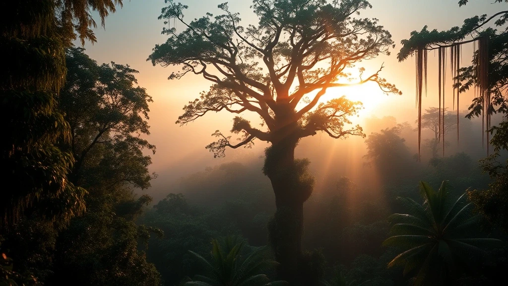 Panorama der riesigen Kapokbaeume im Amazonas-Regenwald bei Sonnenaufgang, Brasilien