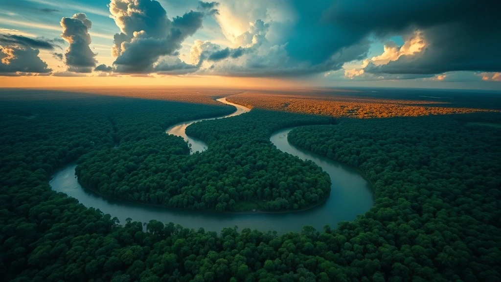 Luftaufnahme des Amazonas-Regenwalds mit dem Amazonas-Fluss zur goldenen Stunde in Brasilien