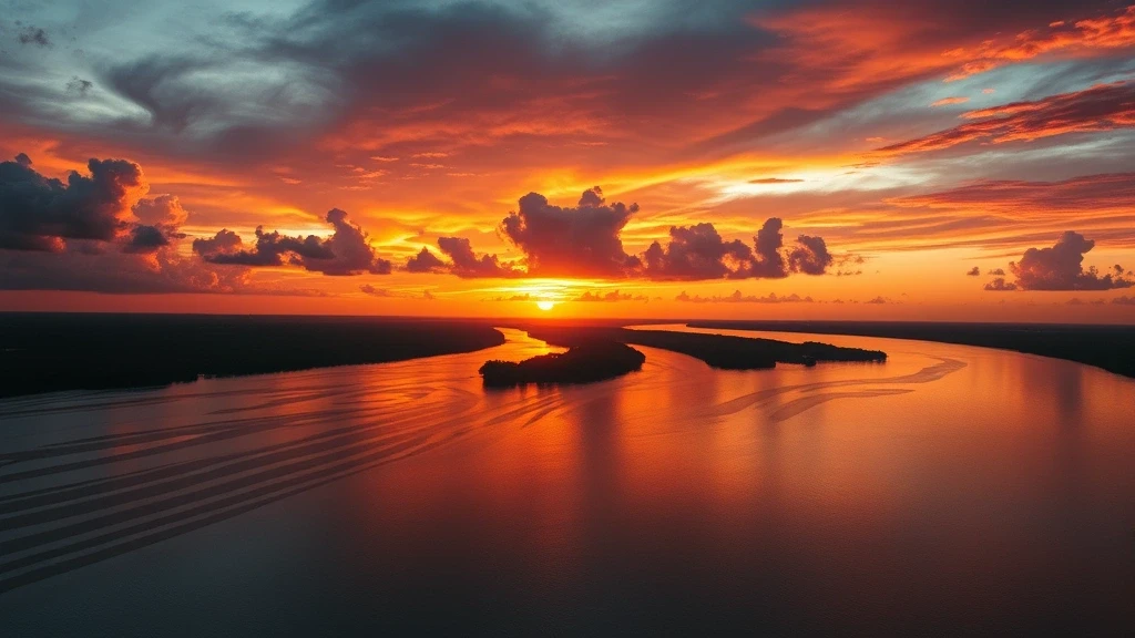 Sonnenuntergang am Zusammenfluss der Rio Negro und Amazonas im Amazonas-Regenwald, Brasilien