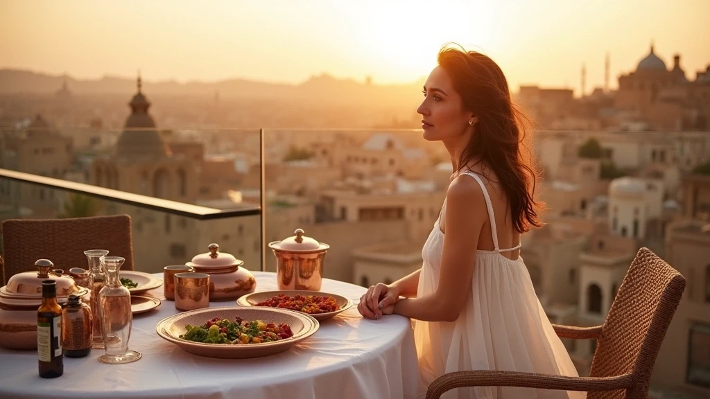 Elegante Frau geniesst traditionelle jordanische Mezze auf einer Dachterrasse in Amman