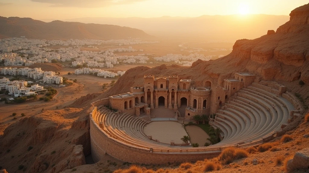 Luftaufnahme des antiken roemischen Amphitheaters und der modernen Stadt Amman zur goldenen Stunde in Jordanien