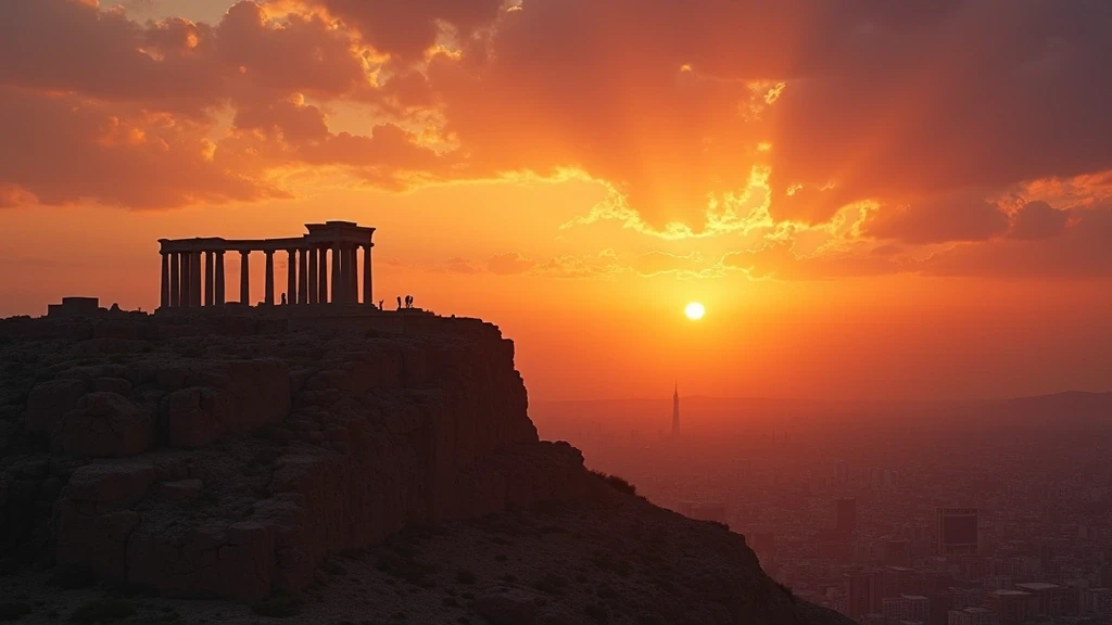 Sonnenuntergang ueber der Zitadelle von Amman mit antiken Tempelsaeulen in Jordanien