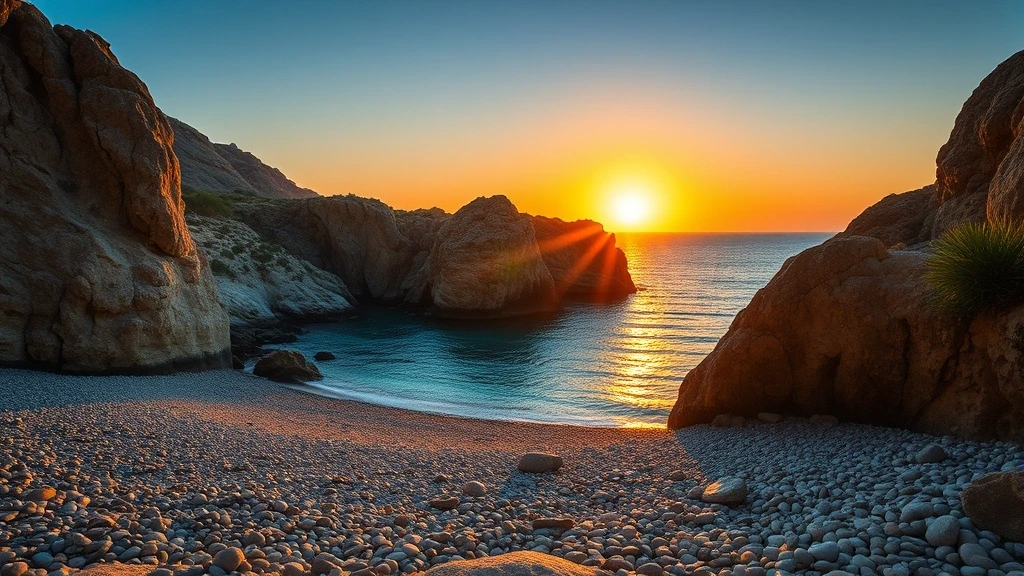 Panorama von Agia Anna Strand auf Amorgos bei Sonnenuntergang mit Felsformationen und tuerkisfarbenem Wasser