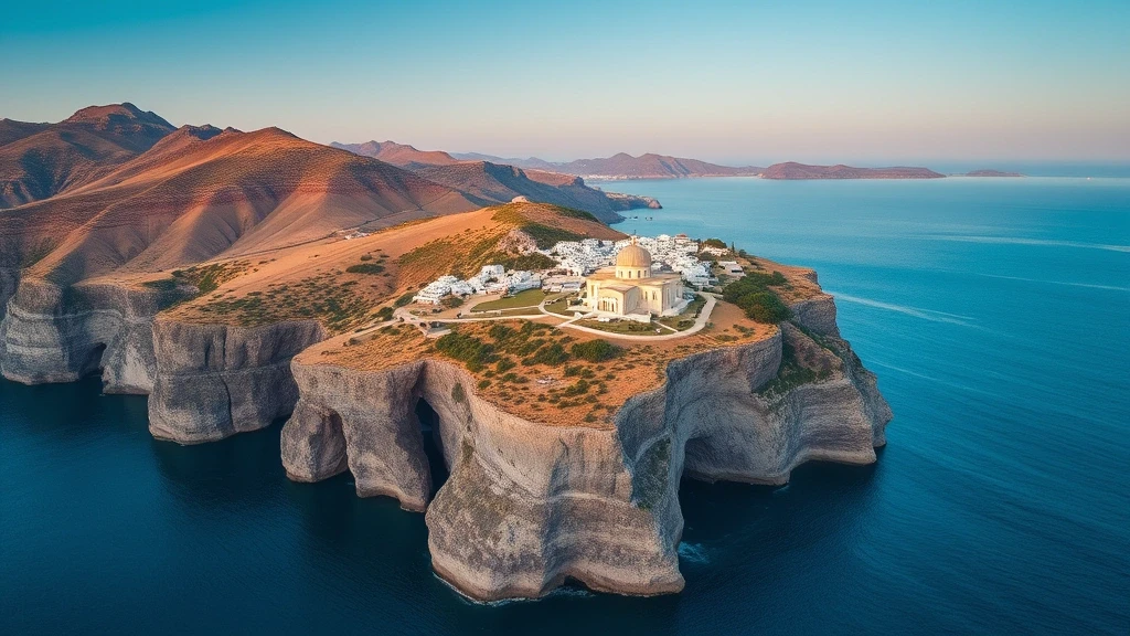 Dramatische Luftaufnahme von Amorgos, Griechenland mit Klippen, Aegeis und Hozoviotissa-Kloster zur goldenen Stunde