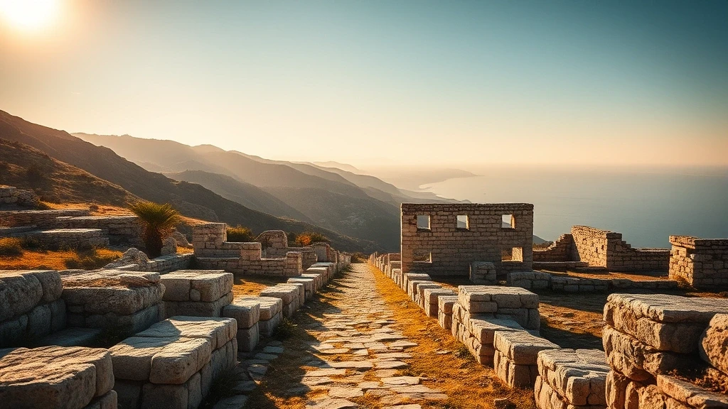 Goldene Stunde an der antiken Minoa-Ausgrabungsstaette auf Amorgos mit Steintrümmern und Meerblick