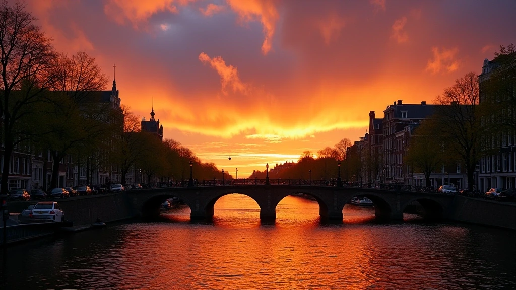 Sonnenuntergang ueber der Amstel in Amsterdam mit der Magere Brug im Silhouette