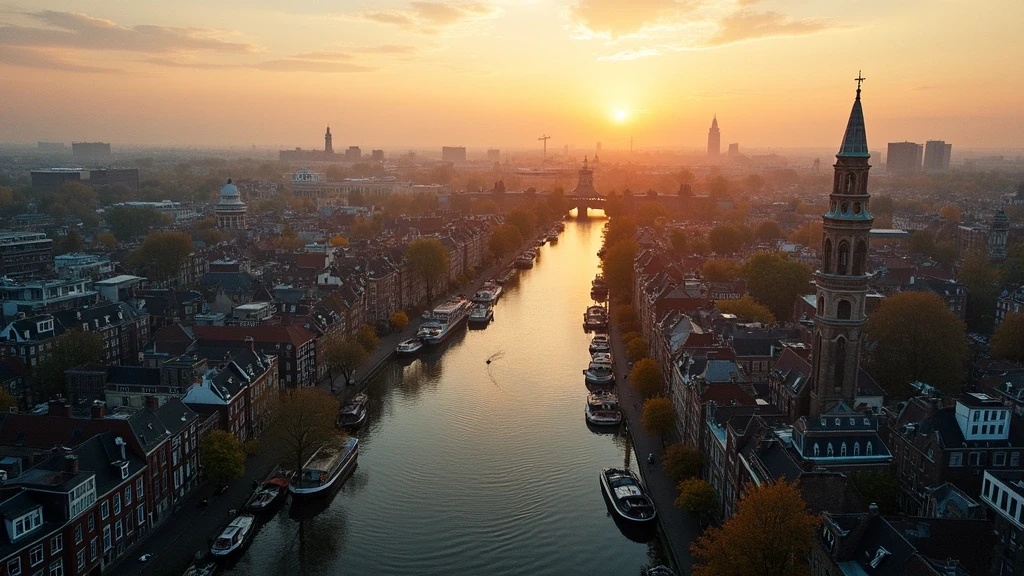 Luftaufnahme der Grachten von Amsterdam zur goldenen Stunde mit historischen Giebelhaeusern