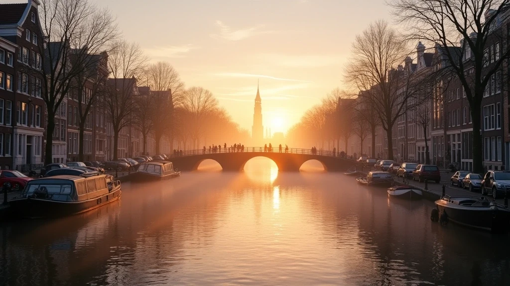 Panorama der Amsterdamer Grachtengordel bei Sonnenaufgang mit Morgennebel