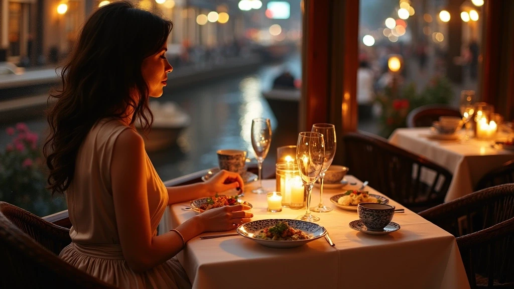 Elegante Frau geniesst Rijsttafel in einem Grachtenrestaurant in Amsterdam