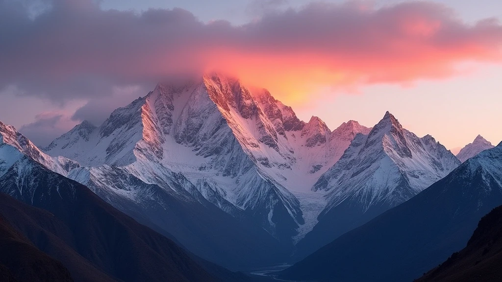 Sonnenaufgang ueber den schneebedeckten Andengipfeln in Andahuaylas mit Alpengluehen