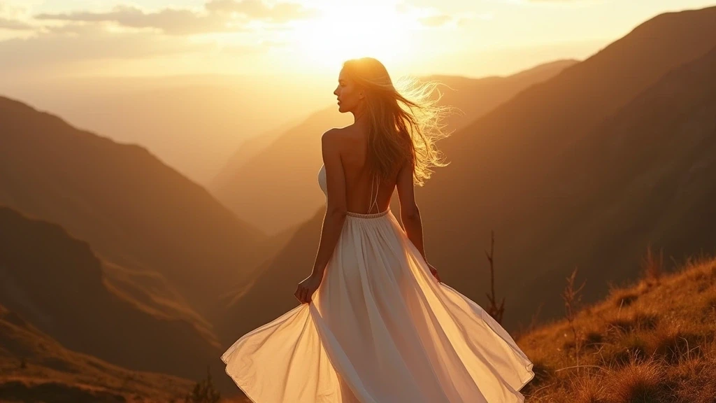 Elegante Frau im fliessenden Kleid mit Blick auf das Chumbao-Tal in Andahuaylas