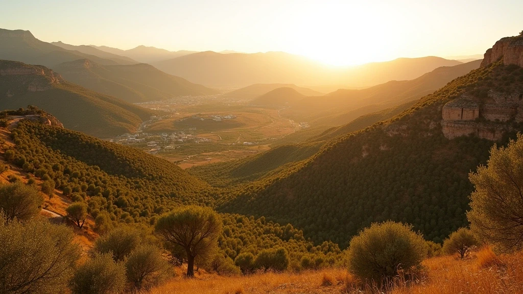 Panoramablick auf die Serrania de Ronda Bergkette und Olivenhaine von den arabischen Baedern aus