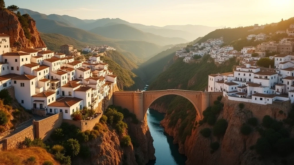 Luftaufnahme der dramatischen El Tajo Schlucht mit der ikonischen Puente Nuevo Brücke in Ronda, Andalusien zur goldenen Stunde