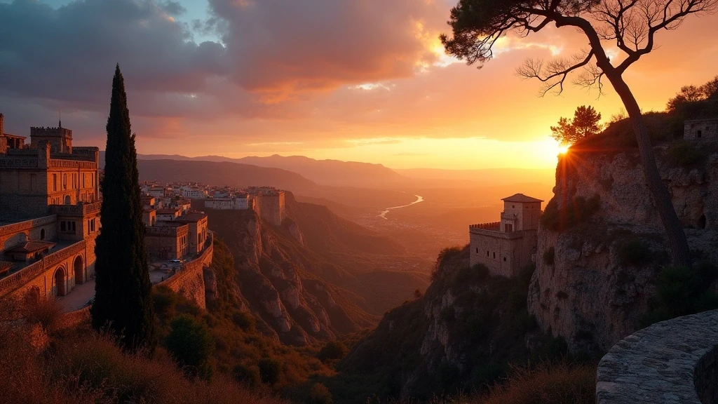 Sonnenuntergang ueber der Puente Nuevo Bruecke von Mirador de Aldehuela aus gesehen, Ronda Andalusien
