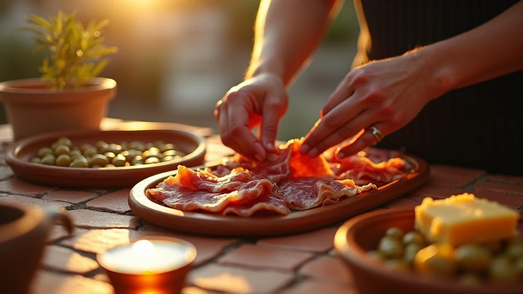 Traditionelle andalusische Tapas Zubereitung auf sonnenbeschienenen Terrakotta Fliesen in Ronda