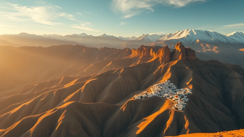 Dramatische Luftaufnahme der Sierra Nevada in Andalusien zur goldenen Stunde mit schneebedeckten Gipfeln und weissen Doerfern