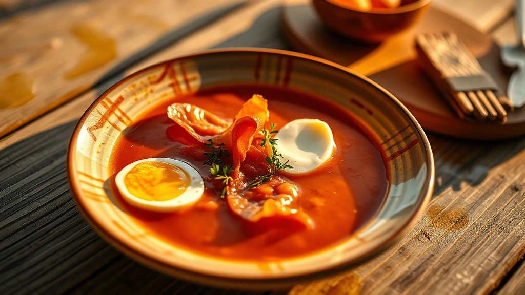 Traditionelles andalusisches Salmorejo mit Jamon Iberico auf rustikalem Holztisch in Andalusien