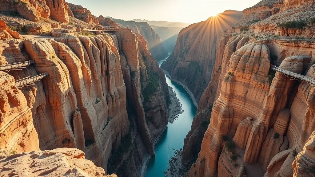 Panoramablick auf den Caminito del Rey in Andalusien mit tuerkisem Fluss und dramatischen Kalksteinfelsen