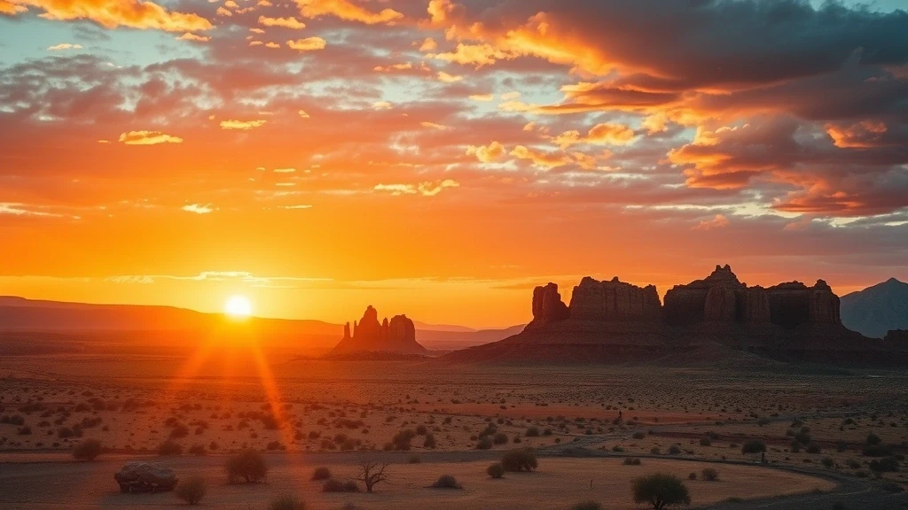Sonnenuntergang ueber der Tabernas-Wueste in Andalusien mit dramatischen Felsformationen und goldenem Licht
