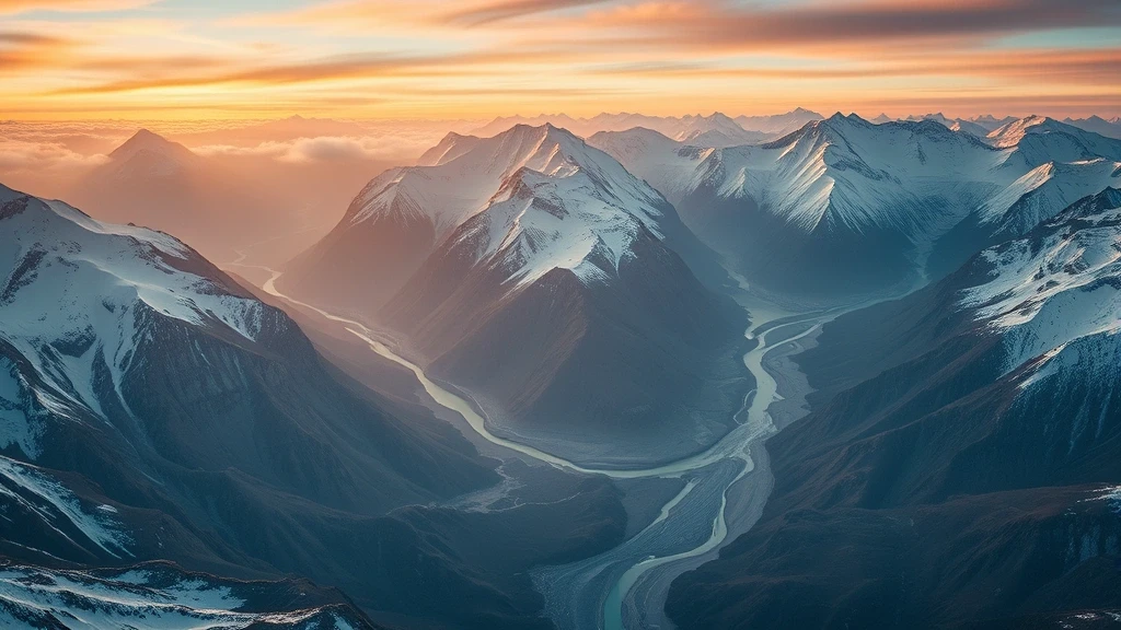 Luftaufnahme der schneebedeckten Andengipfel in Anden-Kreuzfahrt, Peru zur goldenen Stunde