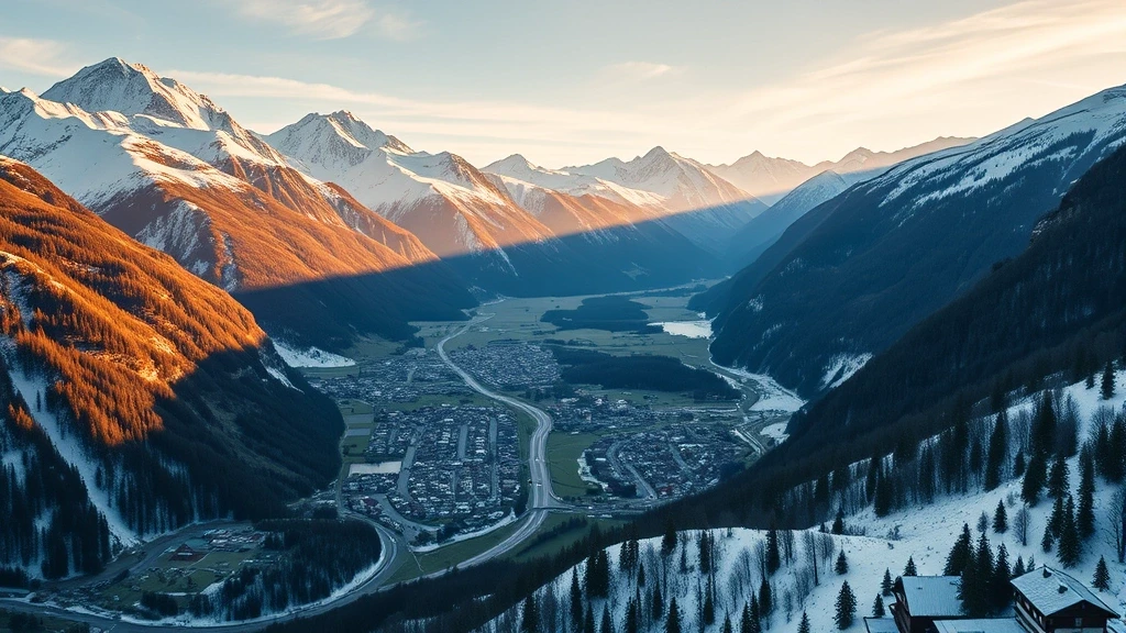 Luftaufnahme von Andermatt in den Schweizer Alpen zur goldenen Stunde mit schneebedeckten Gipfeln