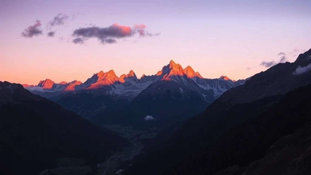 Sonnenuntergang im Urserental bei Andermatt mit Alpengluehen auf den Berggipfeln