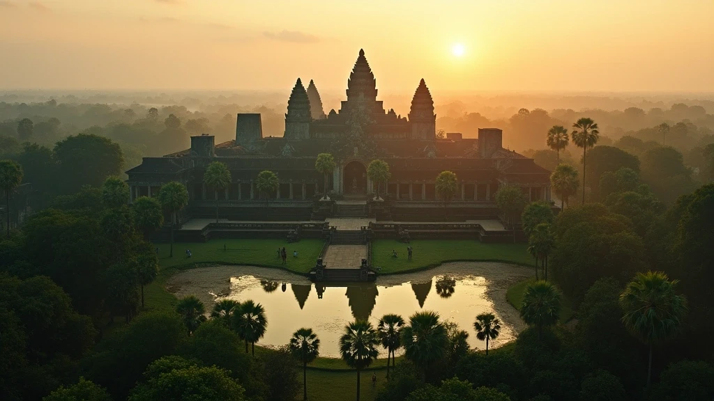 Luftaufnahme des Angkor-Wat-Tempelkomplexes im Dschungel zur goldenen Stunde in Kambodscha