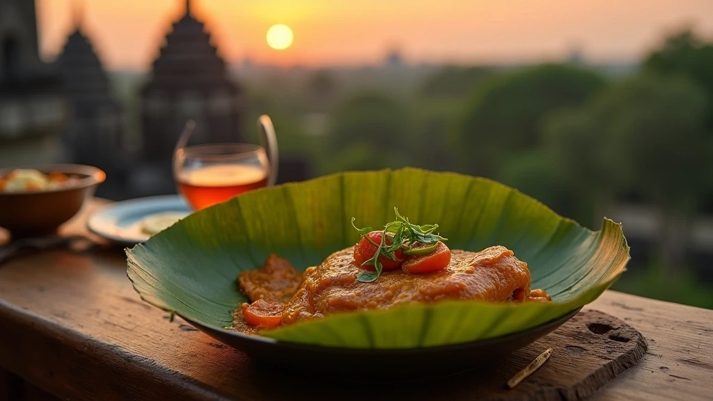 Traditionelle Khmer-Amok-Fischcurry in Bananenblatt an Tempelruinen in Kambodscha