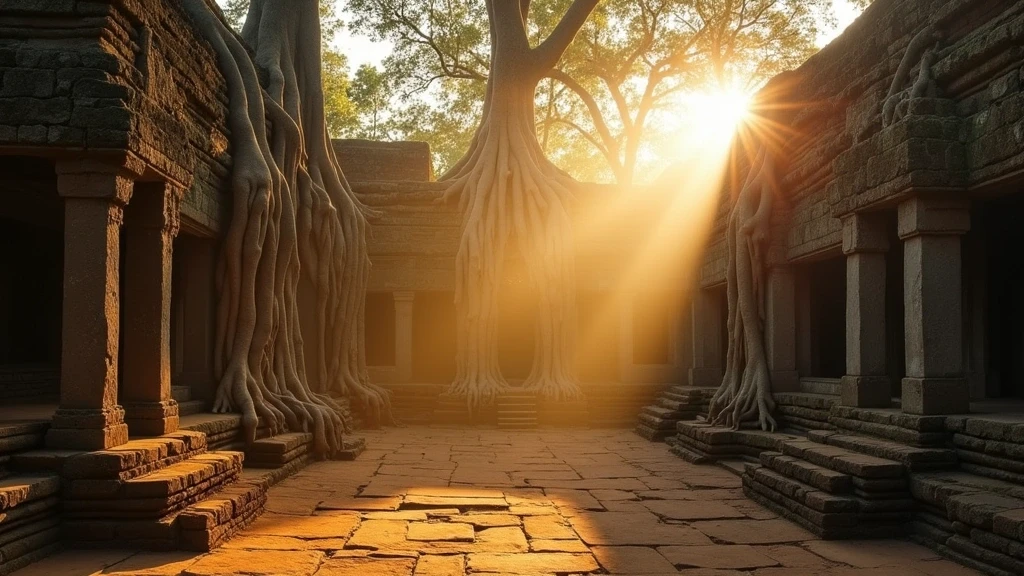 Goldene Stunde an den Ta-Prohm-Ruinen mit Baumwurzeln in Angkor, Kambodscha