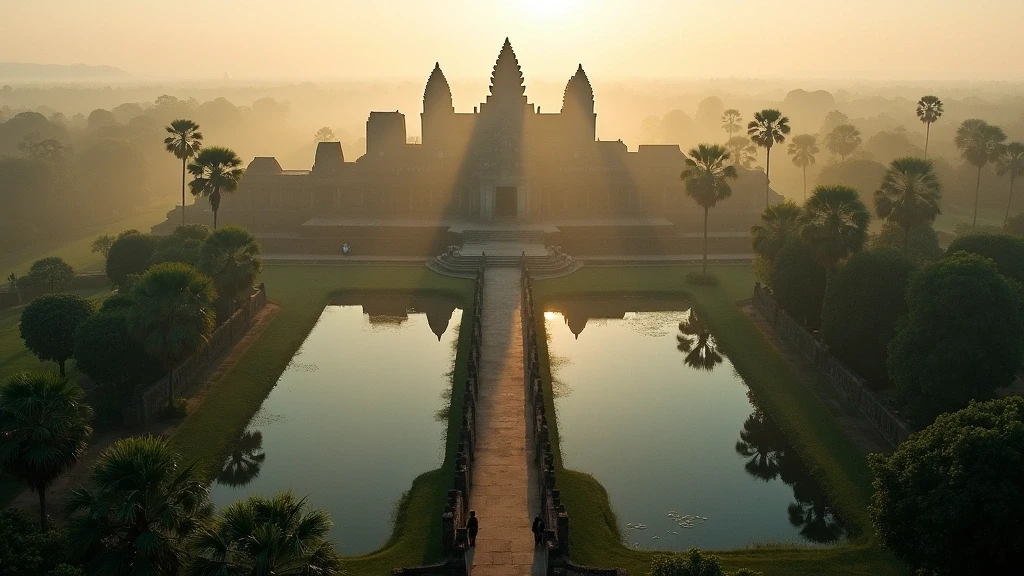 Luftaufnahme des Angkor Wat Tempelkomplexes in Kambodscha zur goldenen Stunde mit Nebel und Spiegelungen