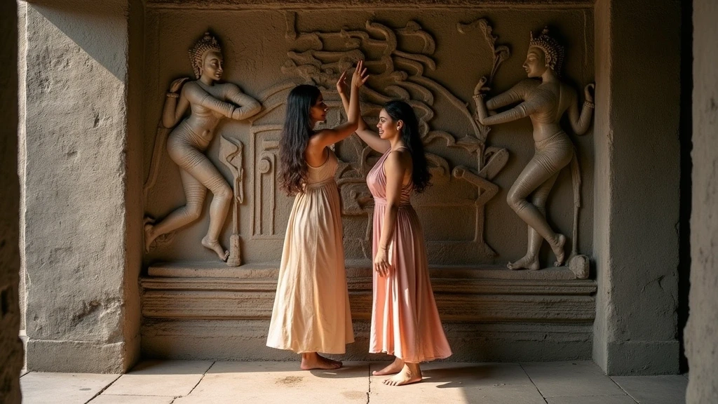 Elegante Reisende vor Apsara-Steinreliefs in Angkor Wat Kambodscha mit Seidenkleid
