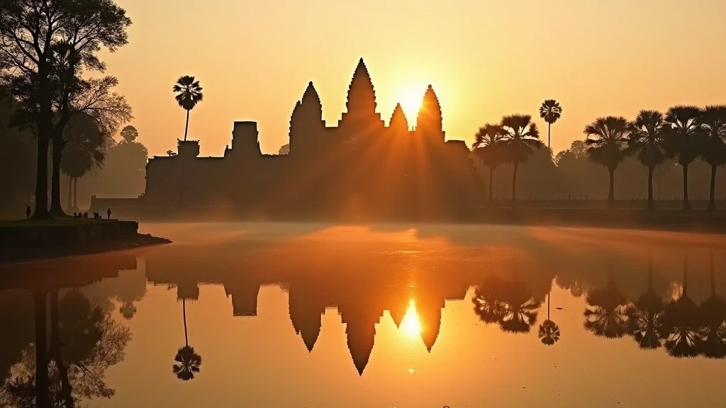 Sonnenaufgang am Angkor Wat Spiegelteich mit perfekter Tempelspiegelung in Kambodscha