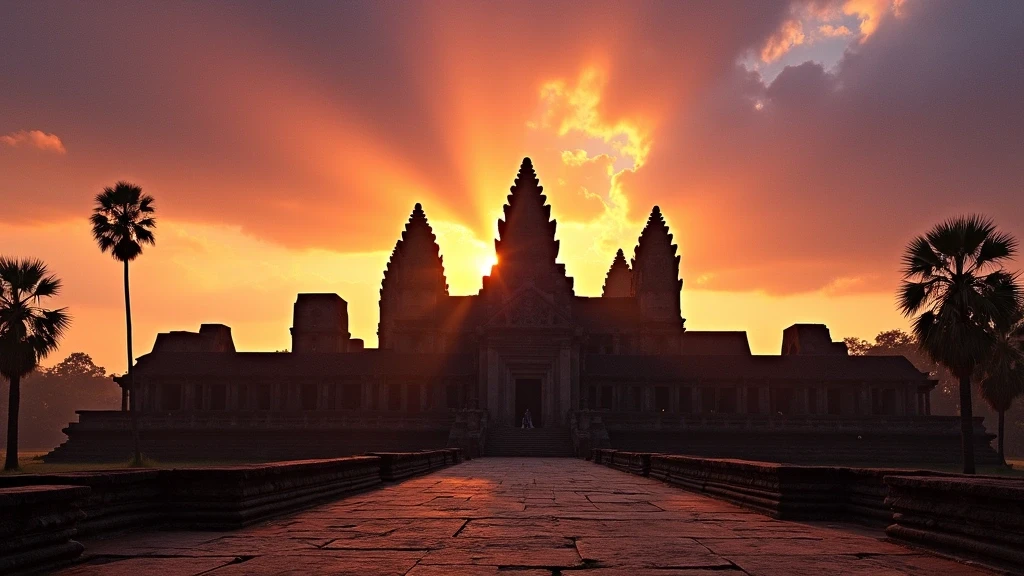 Sonnenuntergang hinter den Tuermen von Angkor Wat in Kambodscha mit dramatischem Himmel