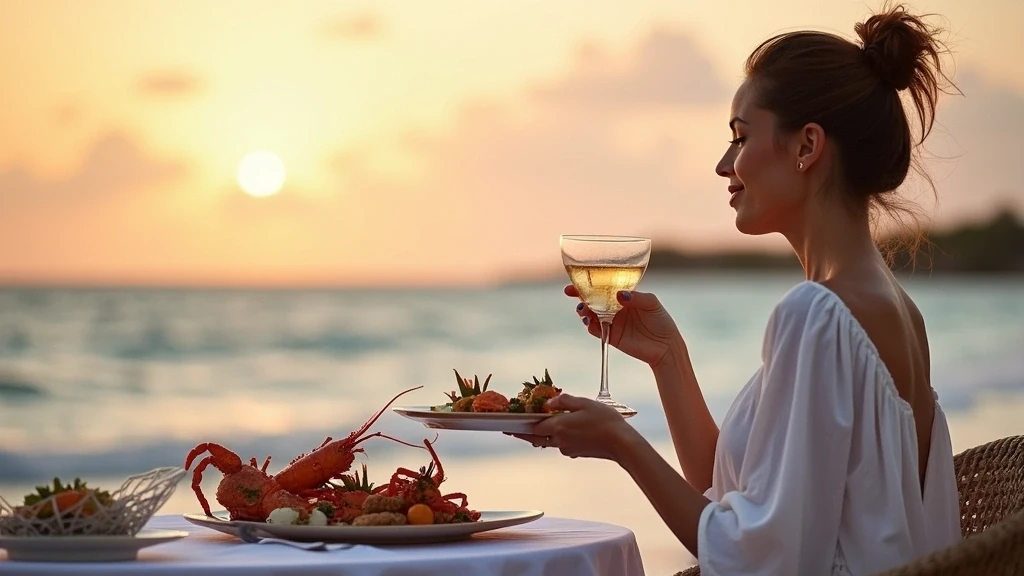 Elegante Frau geniesst Hummer-Mahlzeit am Strand von Anguilla bei Sonnenuntergang