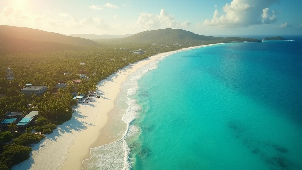 Luftaufnahme der 33 weissen Sandstraende von Anguilla zur goldenen Stunde im Karibischen Meer
