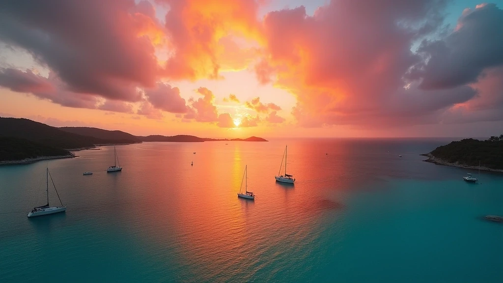 Dramatischer Sonnenuntergang ueber der Sandy Ground Bay in Anguilla mit Segelboot-Silhouetten
