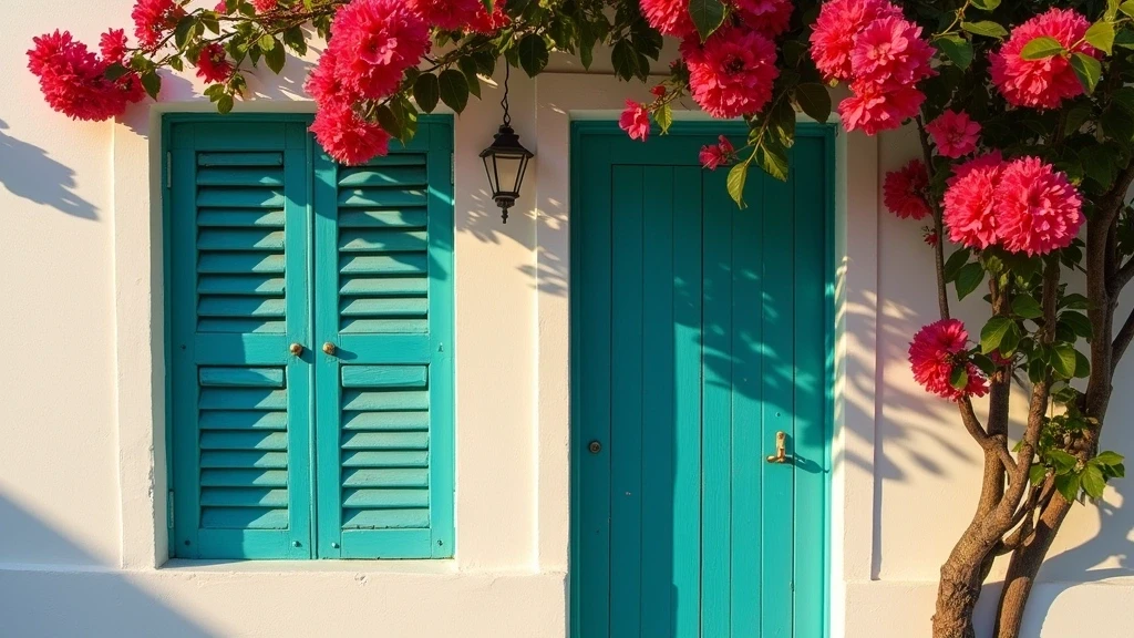 Traditionelle karibische Holzfensterlaeden in Anguilla mit Bougainvillea-Blumen zur goldenen Stunde