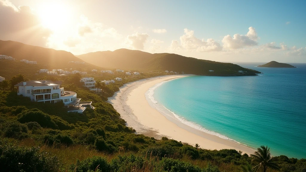 Panorama von Meads Bay in Anguilla bei Sonnenaufgang mit weissem Sandstrand und Luxusvillen