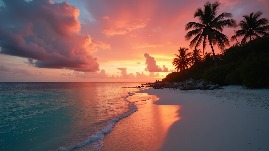 Sonnenuntergang am Sandy Ground Beach in Anguilla mit pink-orangen Himmel und Palmen-Silhouetten