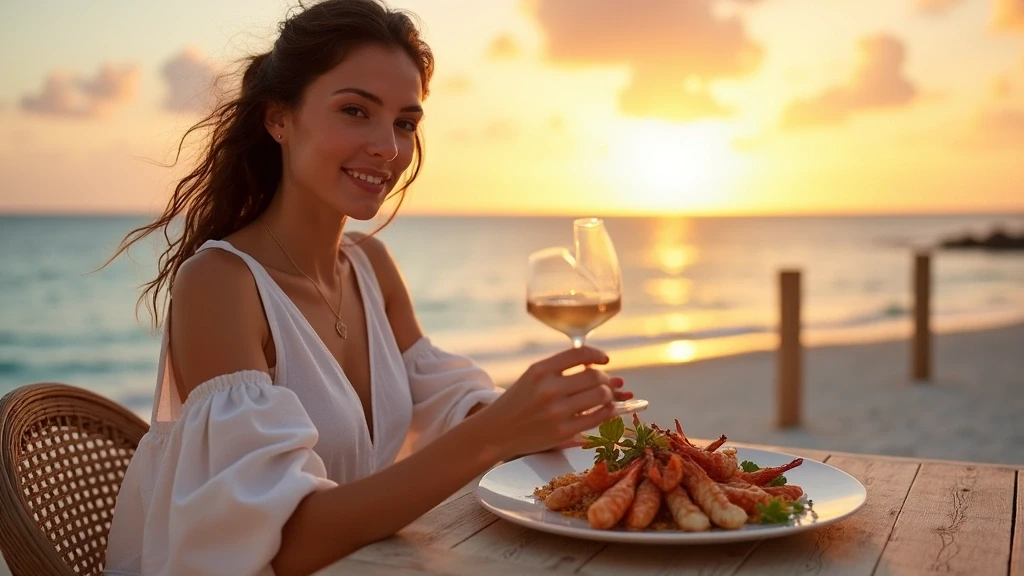 Elegante Frau geniesst Meeresfruechte-Platte am Strand von Anguilla bei Sonnenuntergang