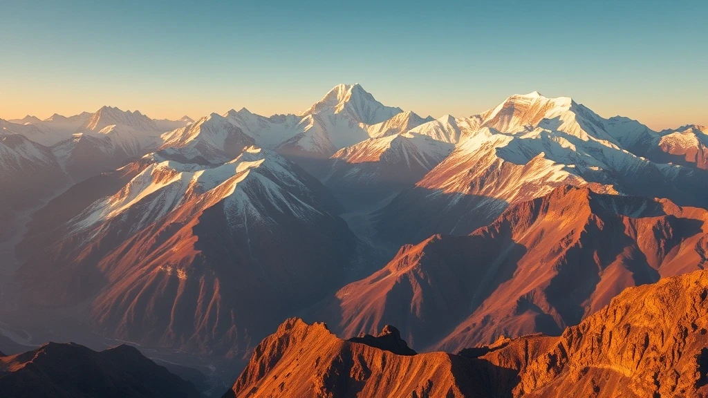 Luftaufnahme des Annapurna-Massivs in Nepal zur goldenen Stunde mit schneebedeckten Gipfeln