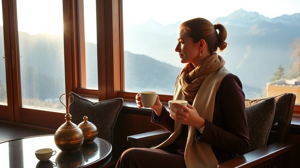 Elegante Reisende geniesst nepalesischen Tee mit Annapurna-Blick in Luxus-Lodge